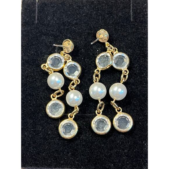Y2K Faux Pearl Rhinestone Dangle Earrings Gold Tone Coquette Glam Vintage - Picture 6 of 6